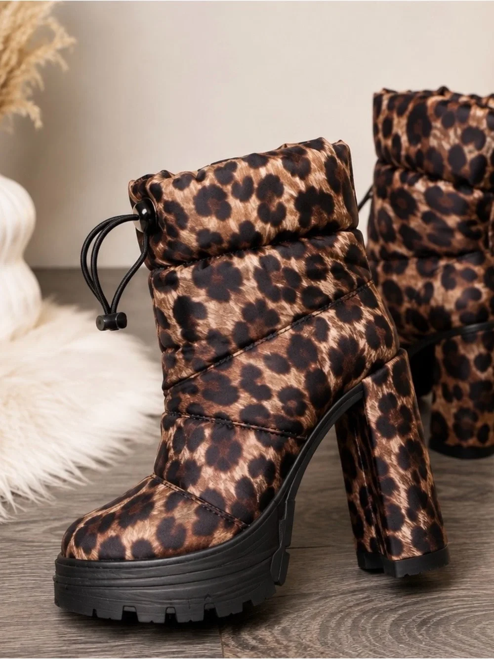 Leopard Print Quilted Platform Ankle Boots - Brown